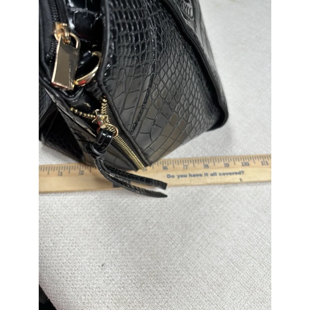 Black Croc Embossed Satchel Handbag Gold Hardware Top Handle Purse